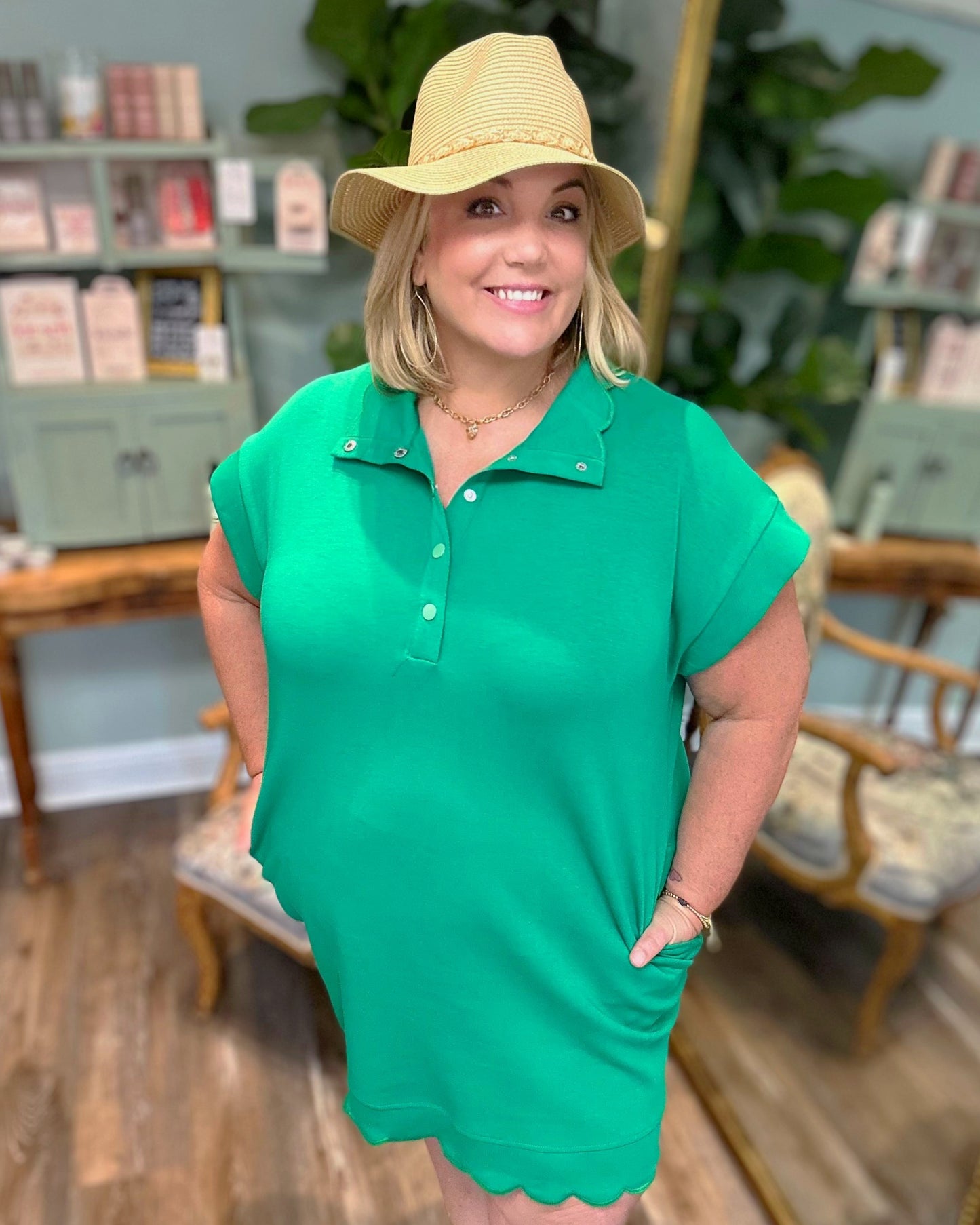 Kelly Green Shirt Dress with Scalloped Bottom