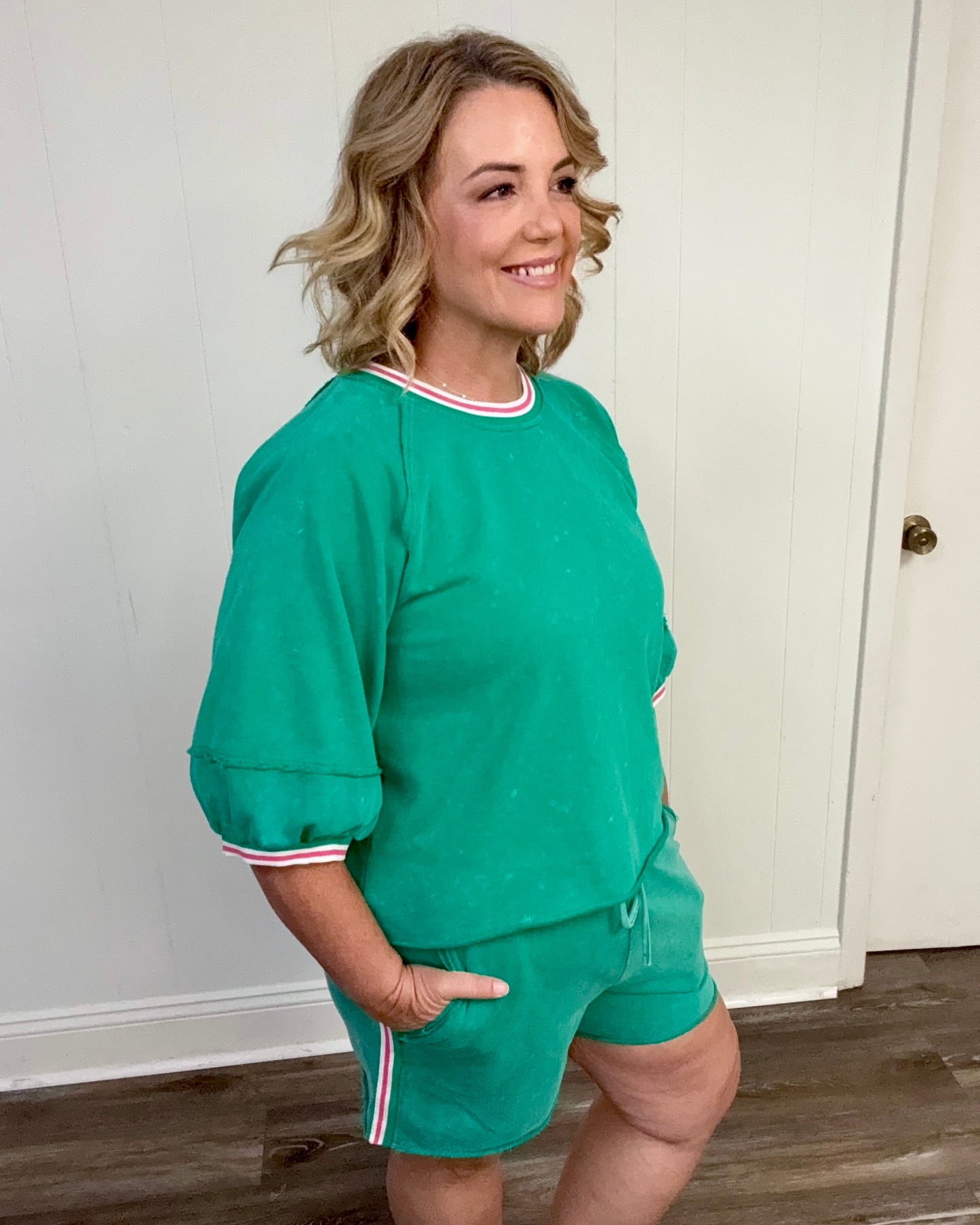 Green Cotton Top with Pink Stripe Detail