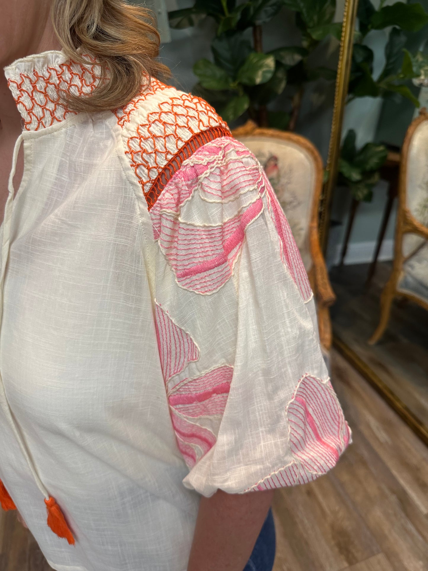 Cream Floral Embroidery Smoked Neck Top