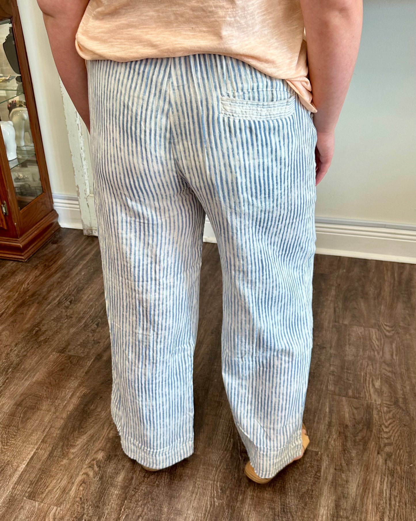 Blue and White Stripe Elastic Waist Pant