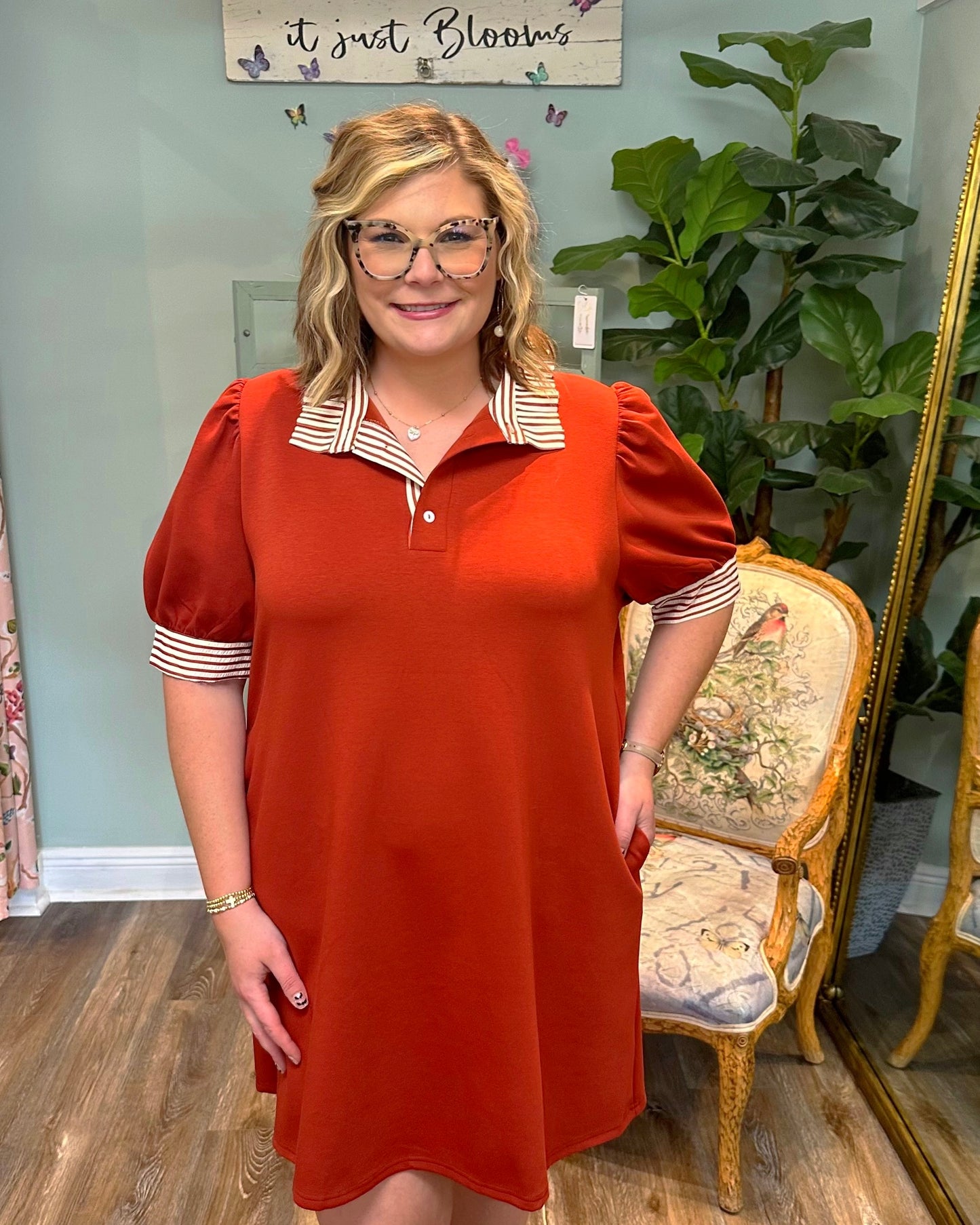 Rust Striped Collared Dress