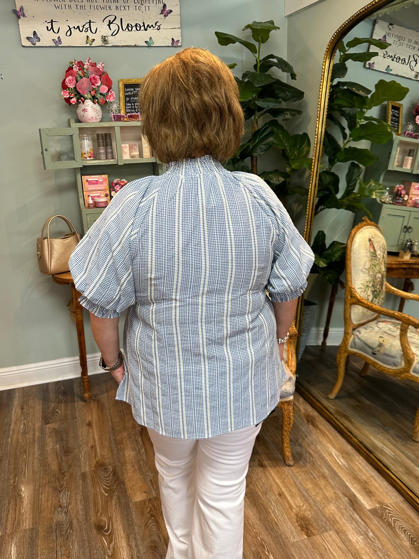 Gingham Embroidered Stripe Detail Top