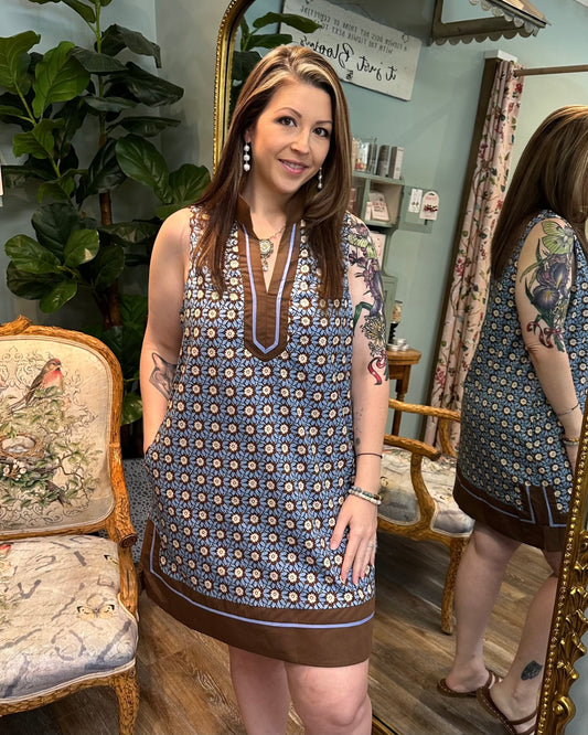 Sleeveless Brown & Chambray Printed Dress
