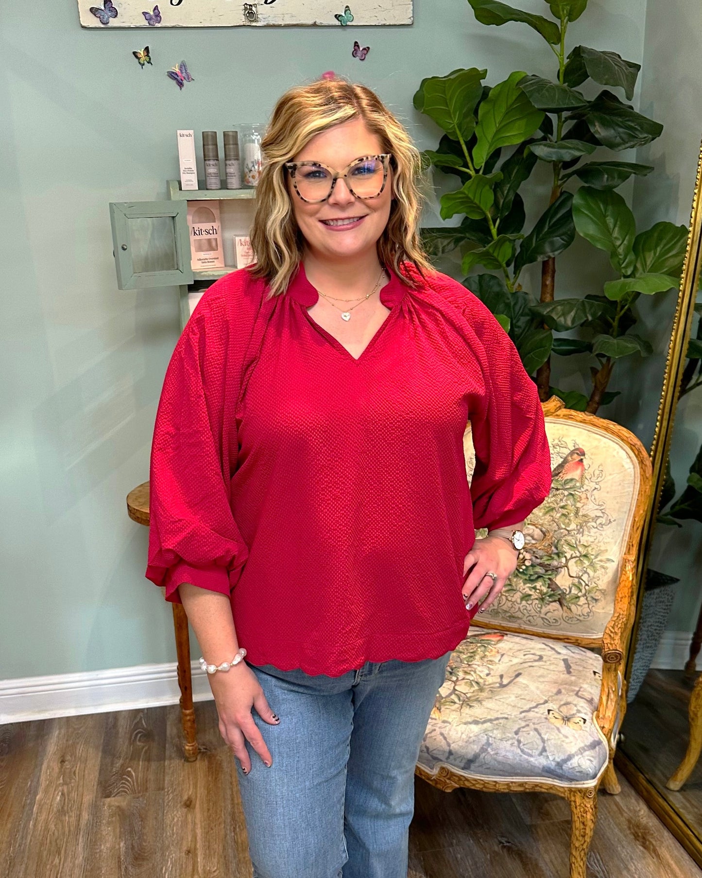 V- Neck Textured Scalloped Hem Top