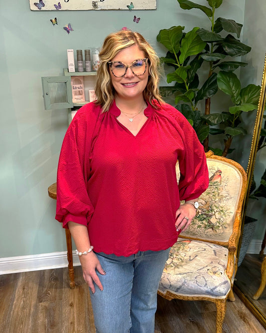 V- Neck Textured Scalloped Hem Top