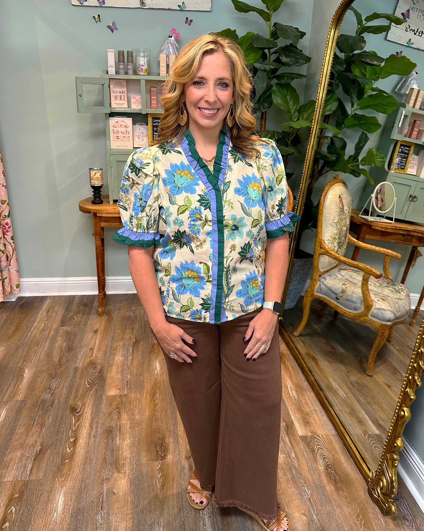 Green and Blue Floral Detail Ruffle Collar Top