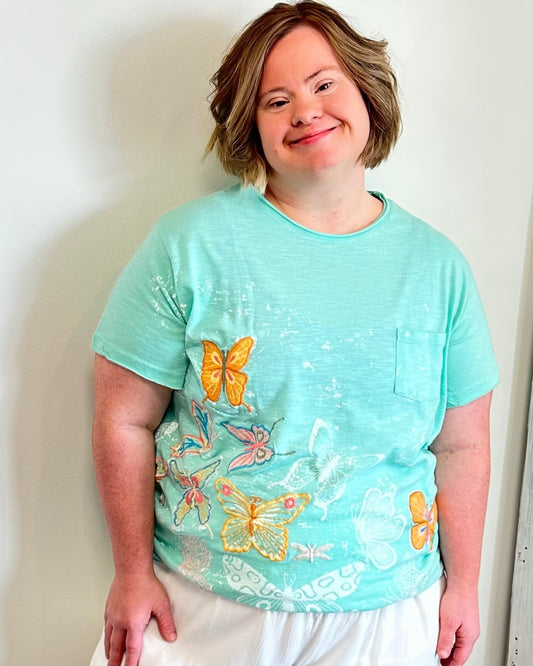 Embroidered Butterfly Cotton Tee – Turquoise