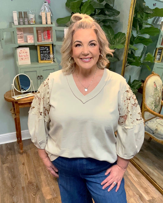 Almond Terry Knit Sweatshirt with Eyelet Sleeve