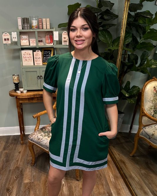 Hunter Green Shift Dress with Blue Edge