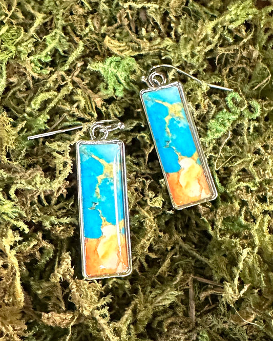 Blue and Gold Stone Rectangle Earrings