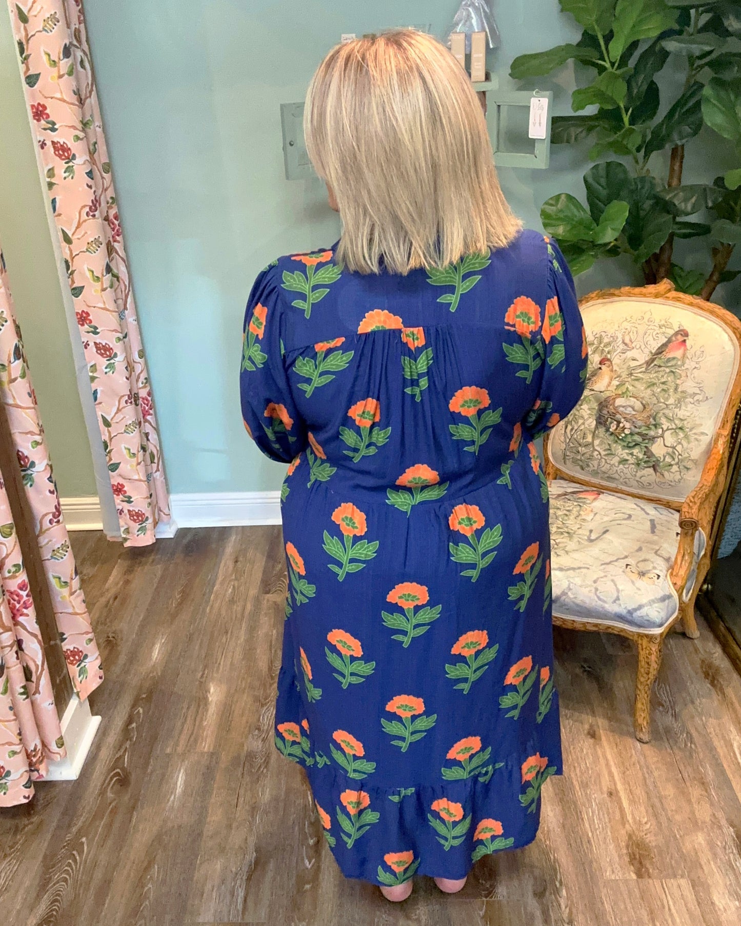 Orange Floral Print Midi Dress