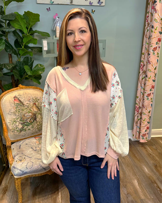 Oversized V-neck Patchwork Top - Blush Pink
