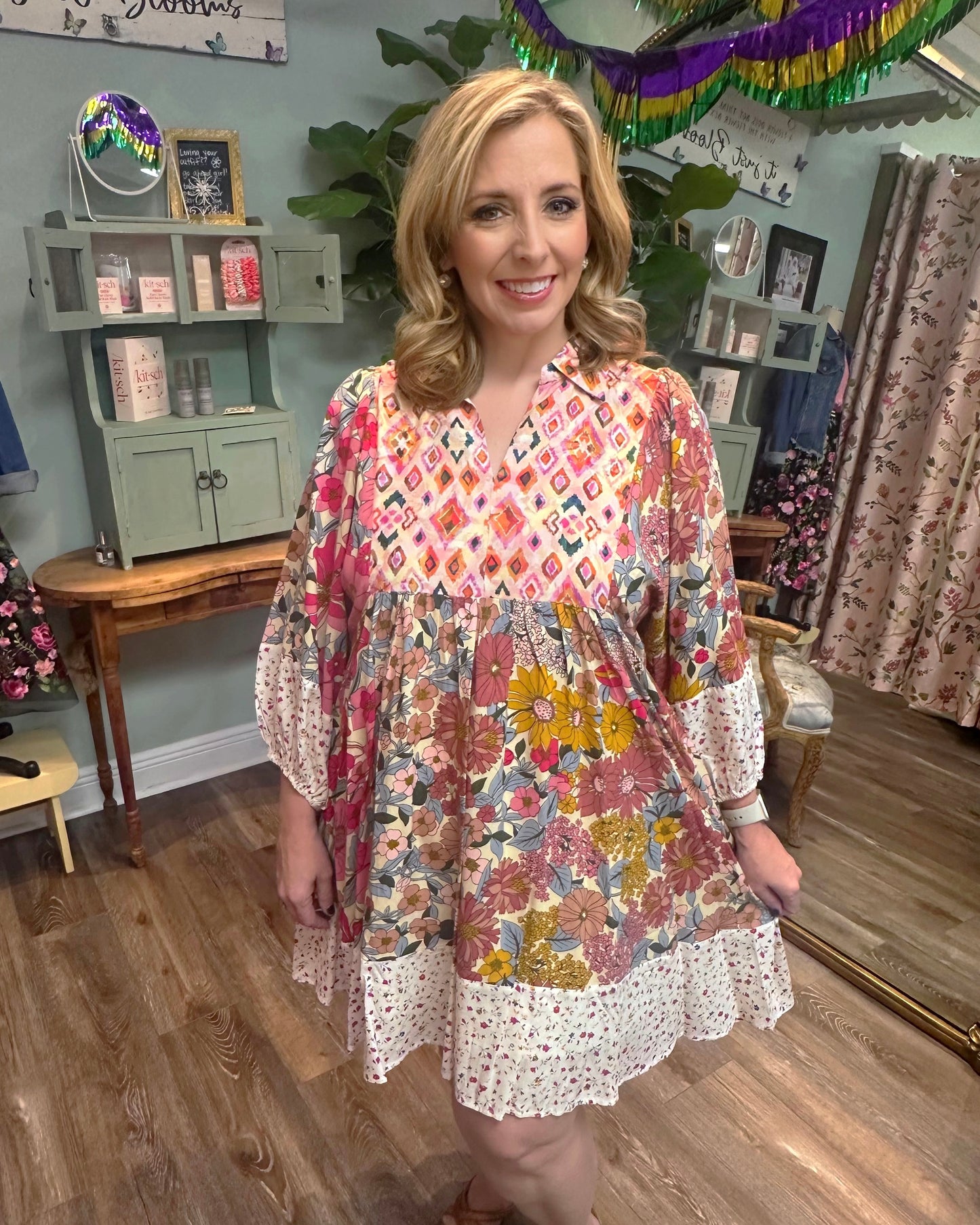 Mix Print Bubble Sleeve Dress