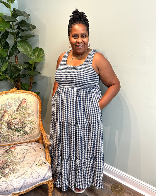 Navy Gingham Maxi Dress