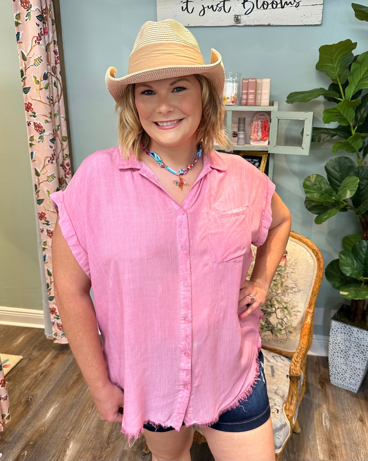 Washed Frayed Hem Button Up Top