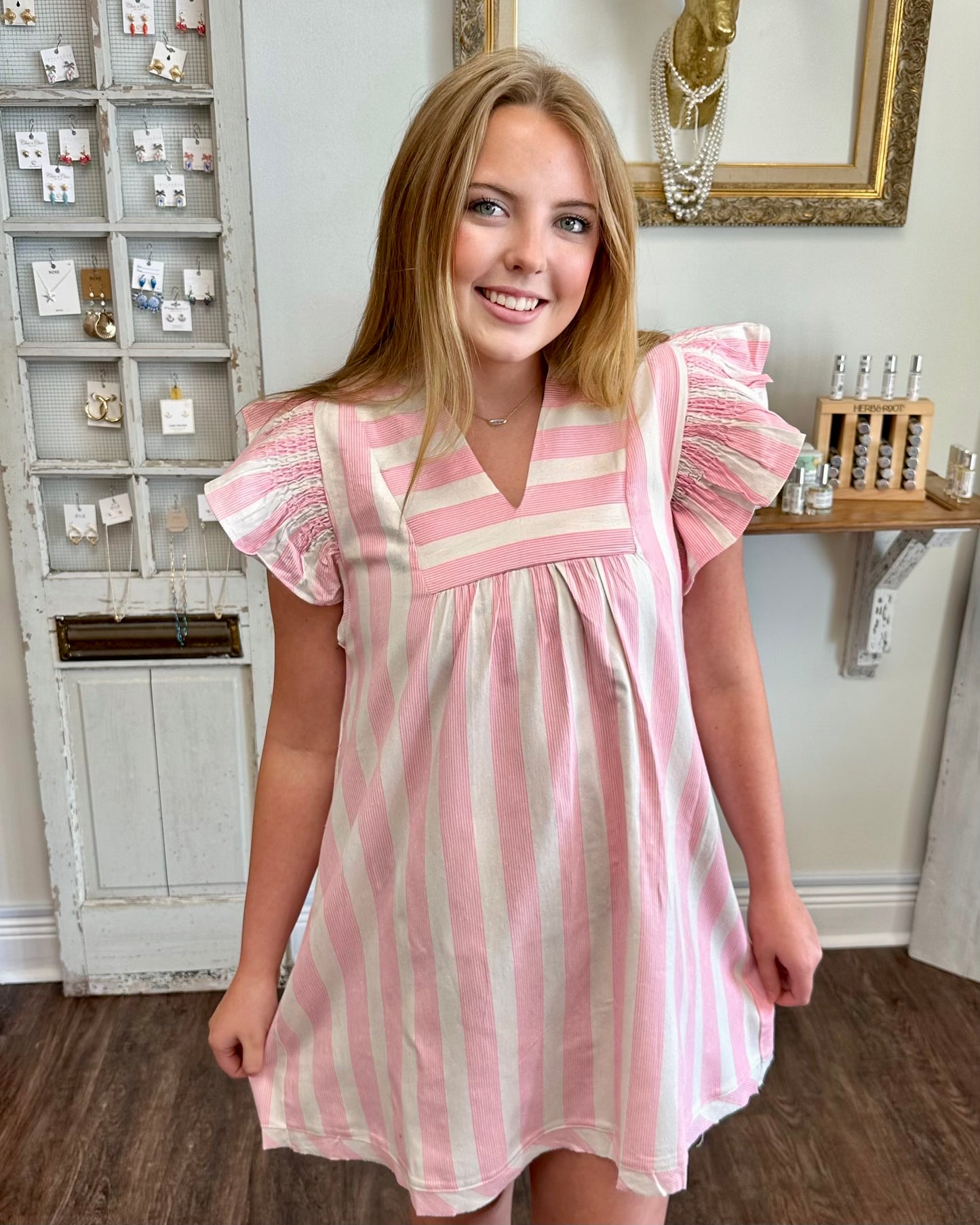Pink Stripe Ruffle Sleeve Dress
