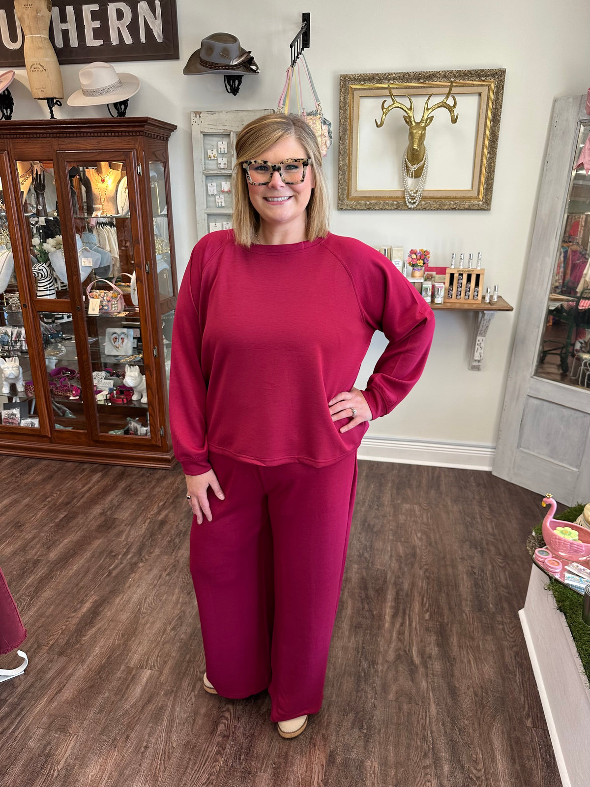 Burgundy Scuba Crewneck Pant Set