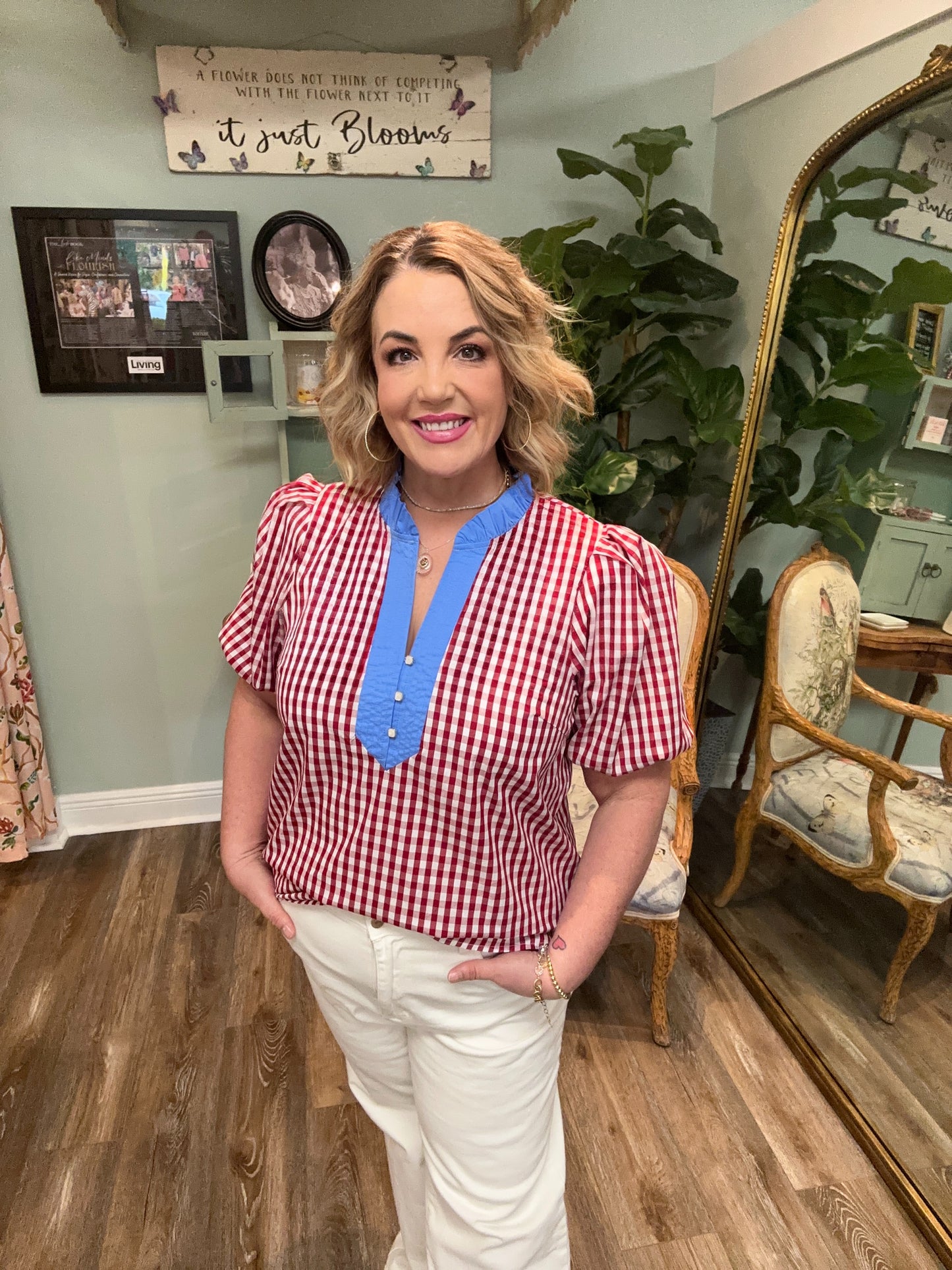 Red and White Gingham Top With Blue Collar