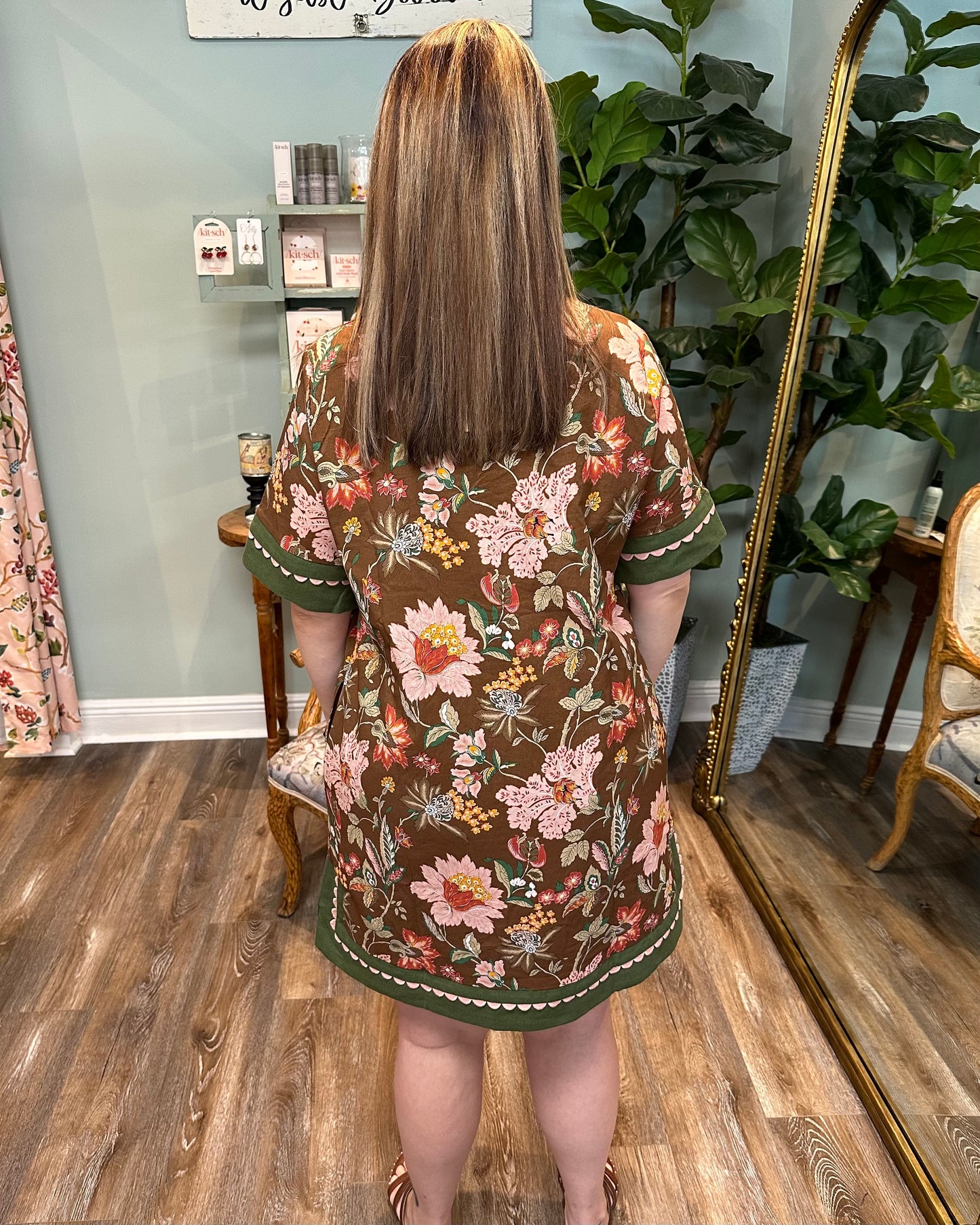Brown Floral & Green Trim Dress