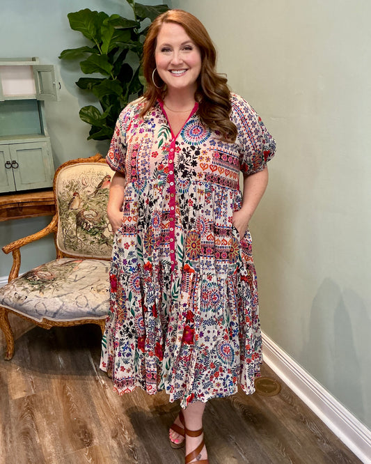 Multi Color Floral Print Button Up Dress