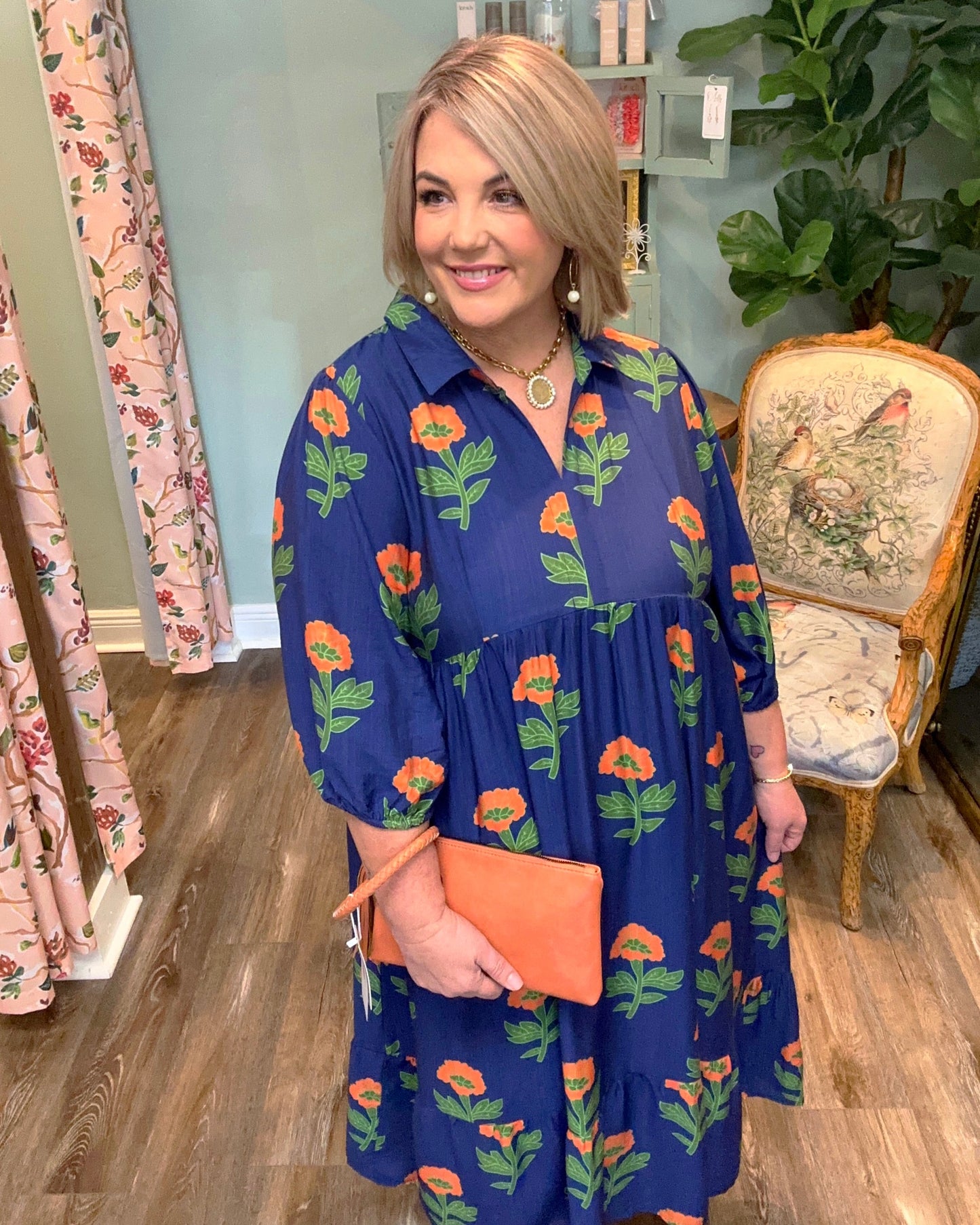 Orange Floral Print Midi Dress