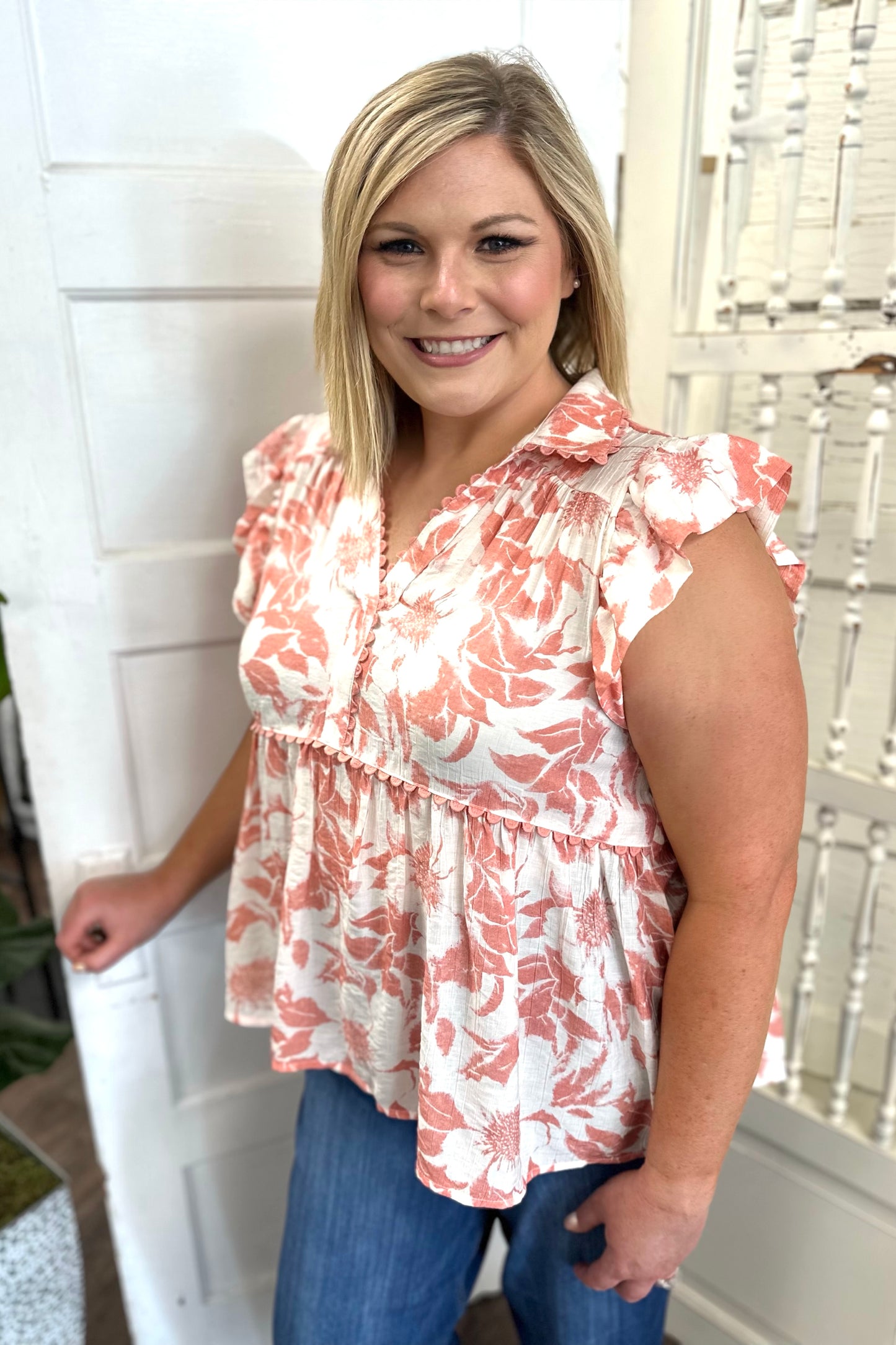 Coral Floral Ruffle Sleeve Top