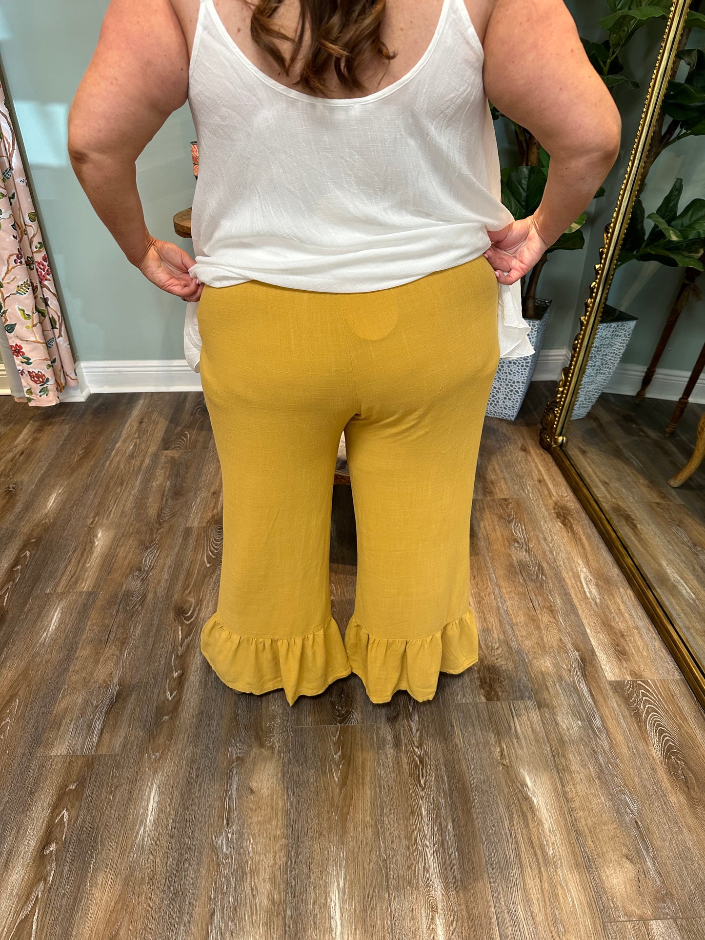 High Waist Linen Blend Ruffle Leg Pant