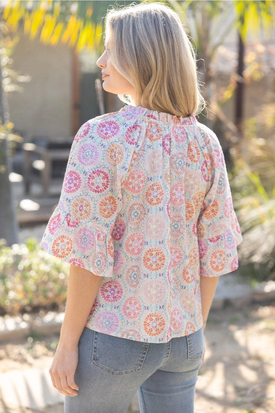 Raglan Wide Sleeve Floral Embroidered Top