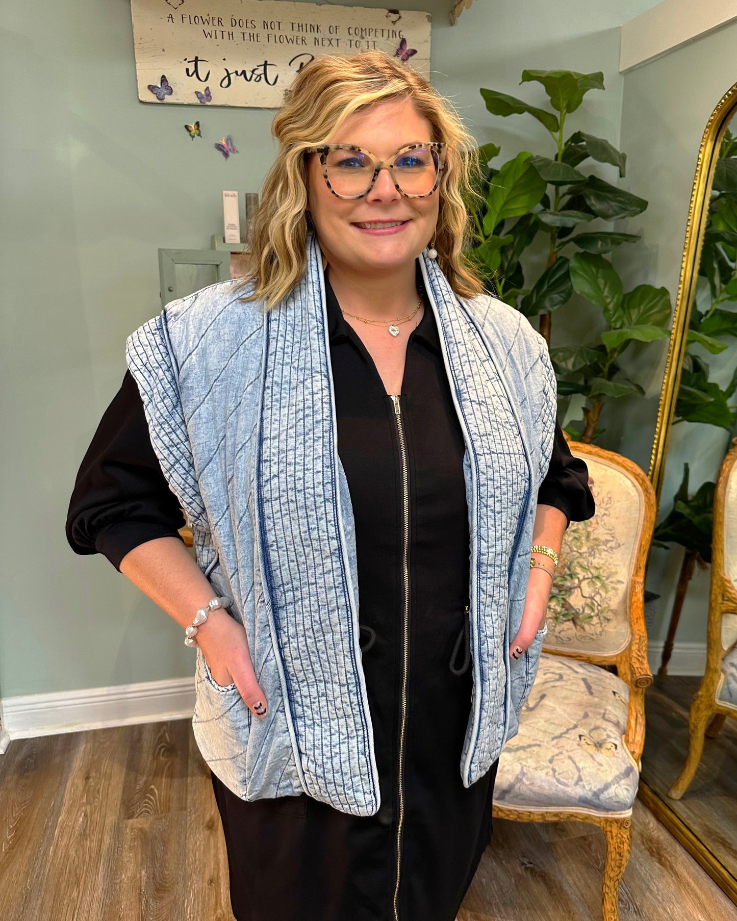 Quilted Washed Chambray Vest