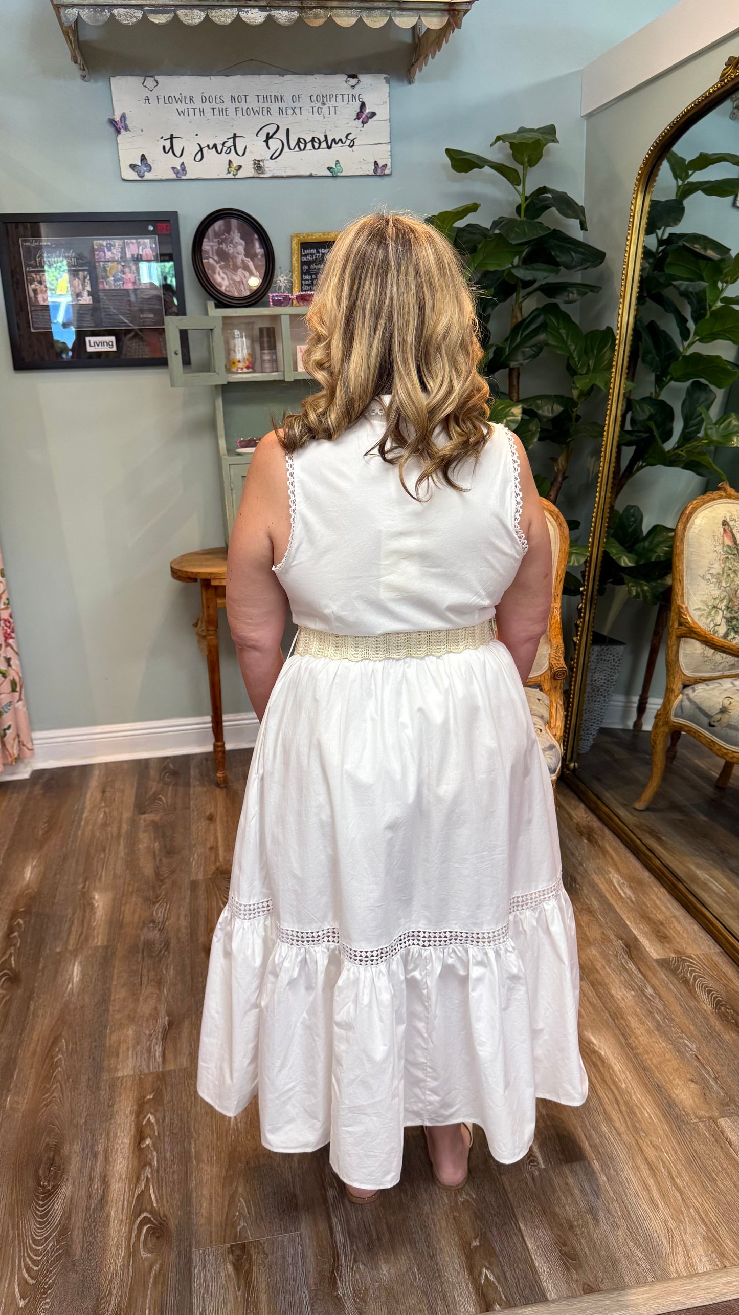 White Midi Dress with Lace Trim