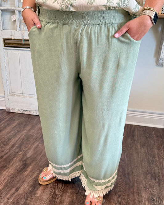 Sage Lace Trim Fringe Hem Pant