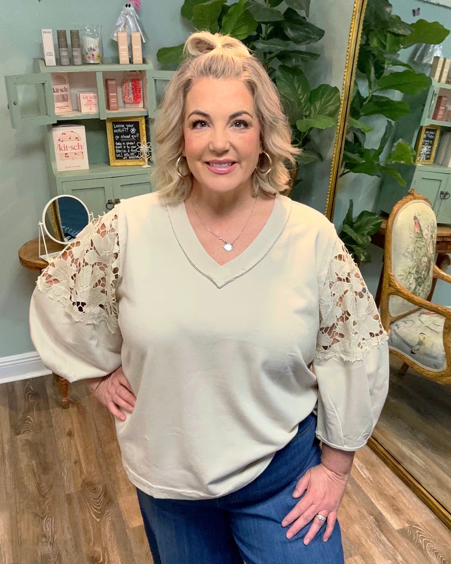 Almond Terry Knit Sweatshirt with Eyelet Sleeve