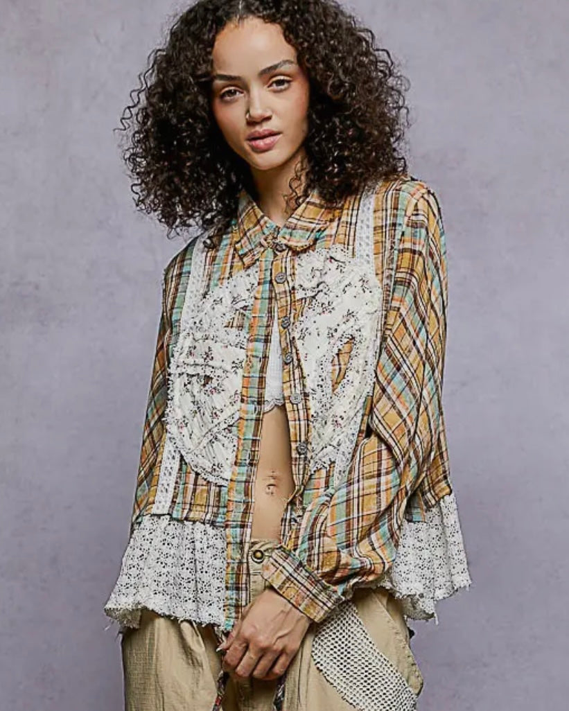 Tan Plaid Short Shacket with Peace Sign