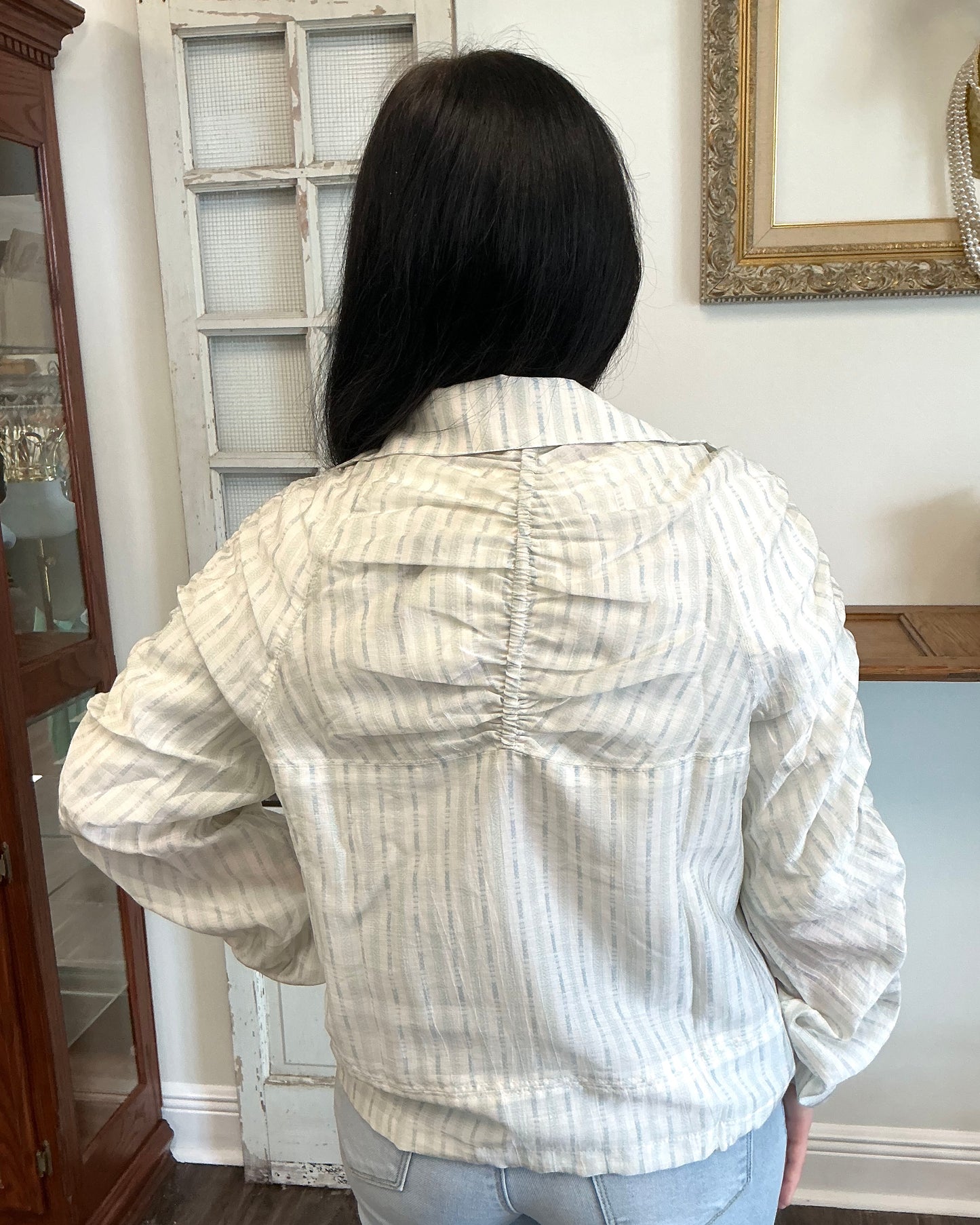 Ruched Sleeve Zip-Up Jacket Blue/Geen