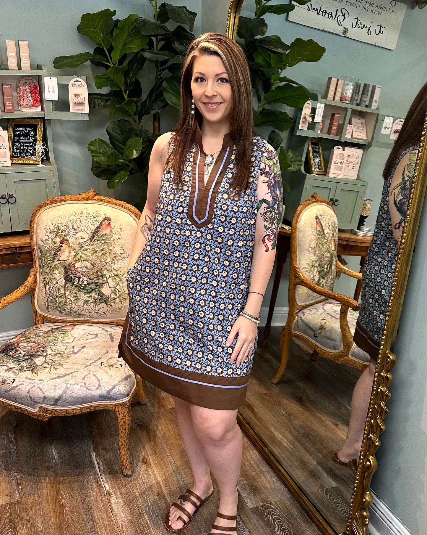 Sleeveless Brown & Chambray Printed Dress