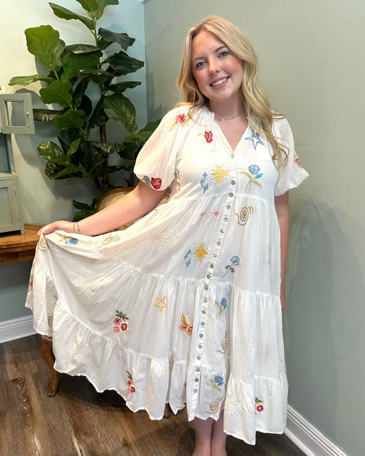 White Tiered Midi Dress with Embroidery