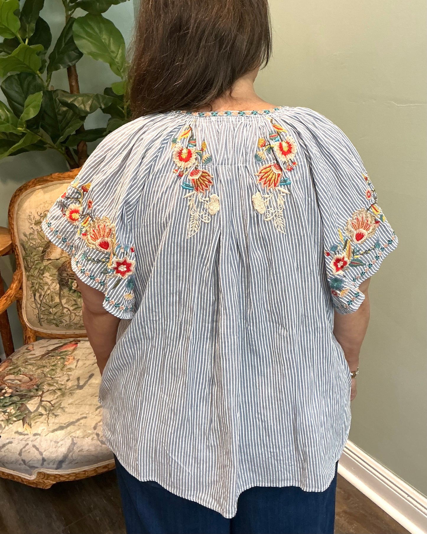 Blue Stripe Embroidered Top