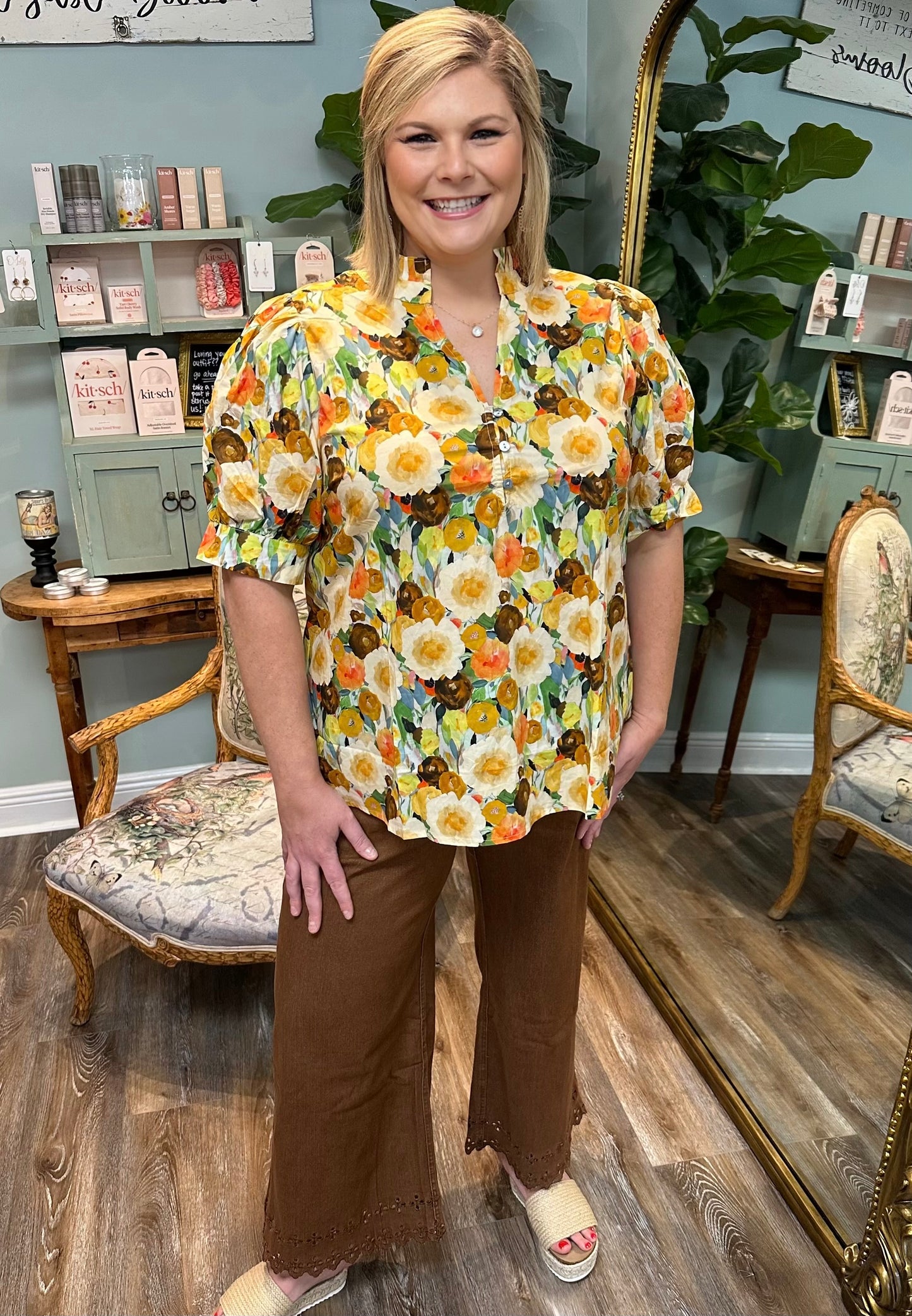 Camel & Floral Colored Top