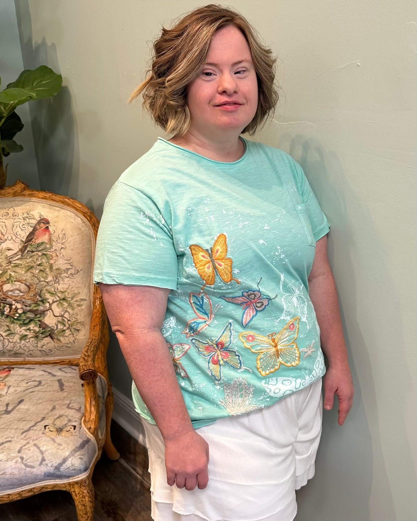 Embroidered Butterfly Cotton Tee – Turquoise