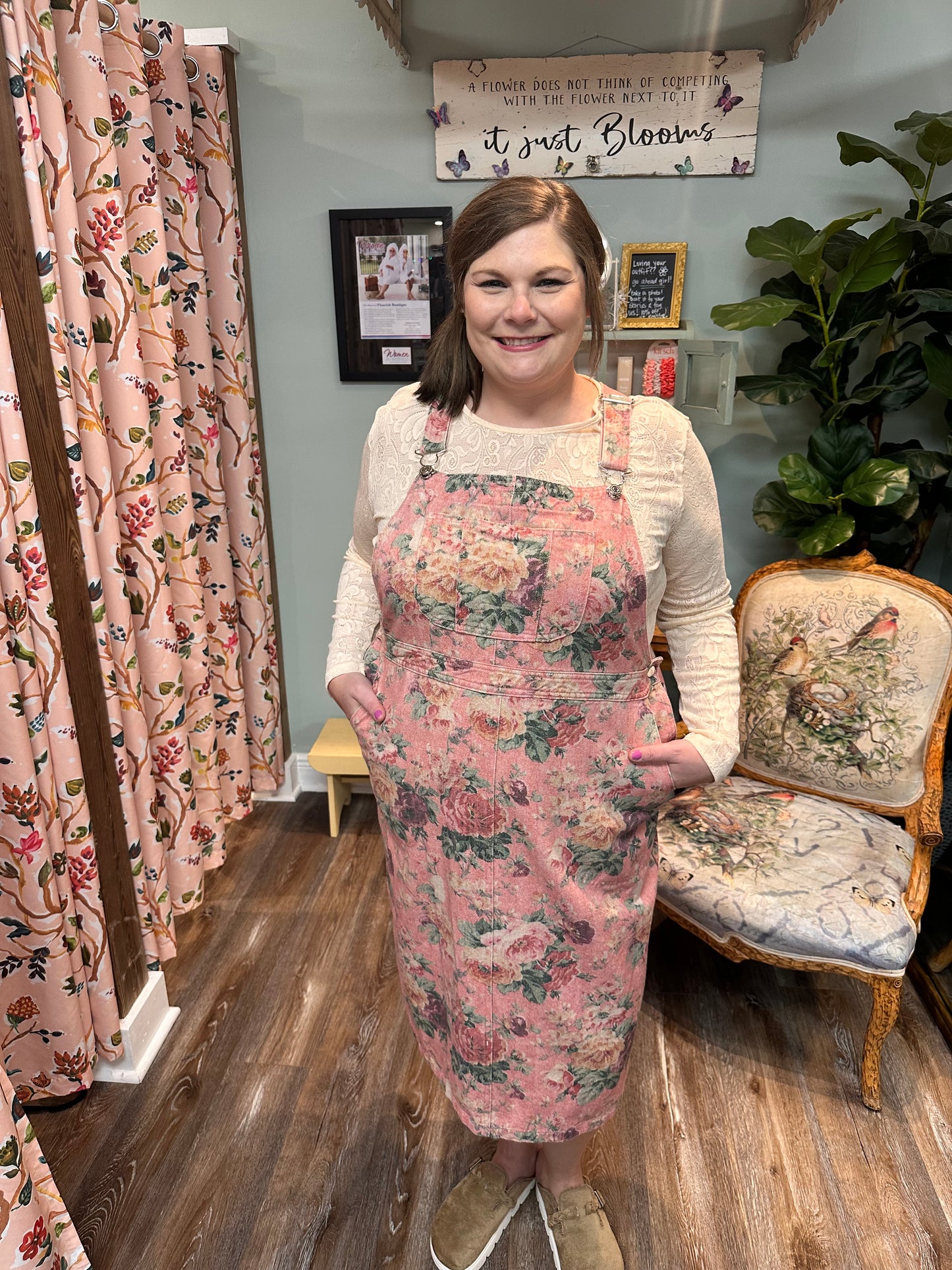 Pink Floral Printed Denim Coverall Dress