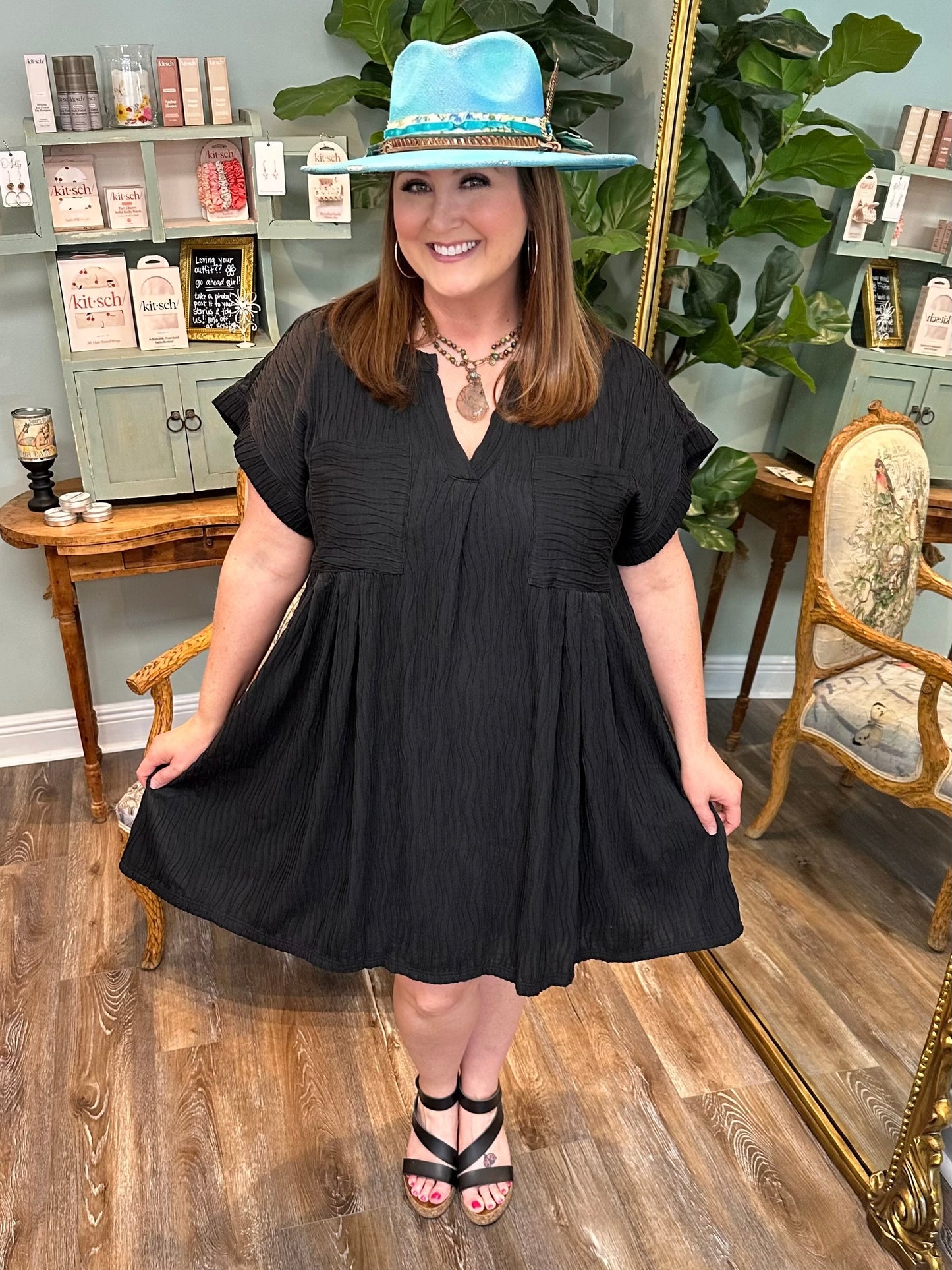 Black Textured Dress with Pockets
