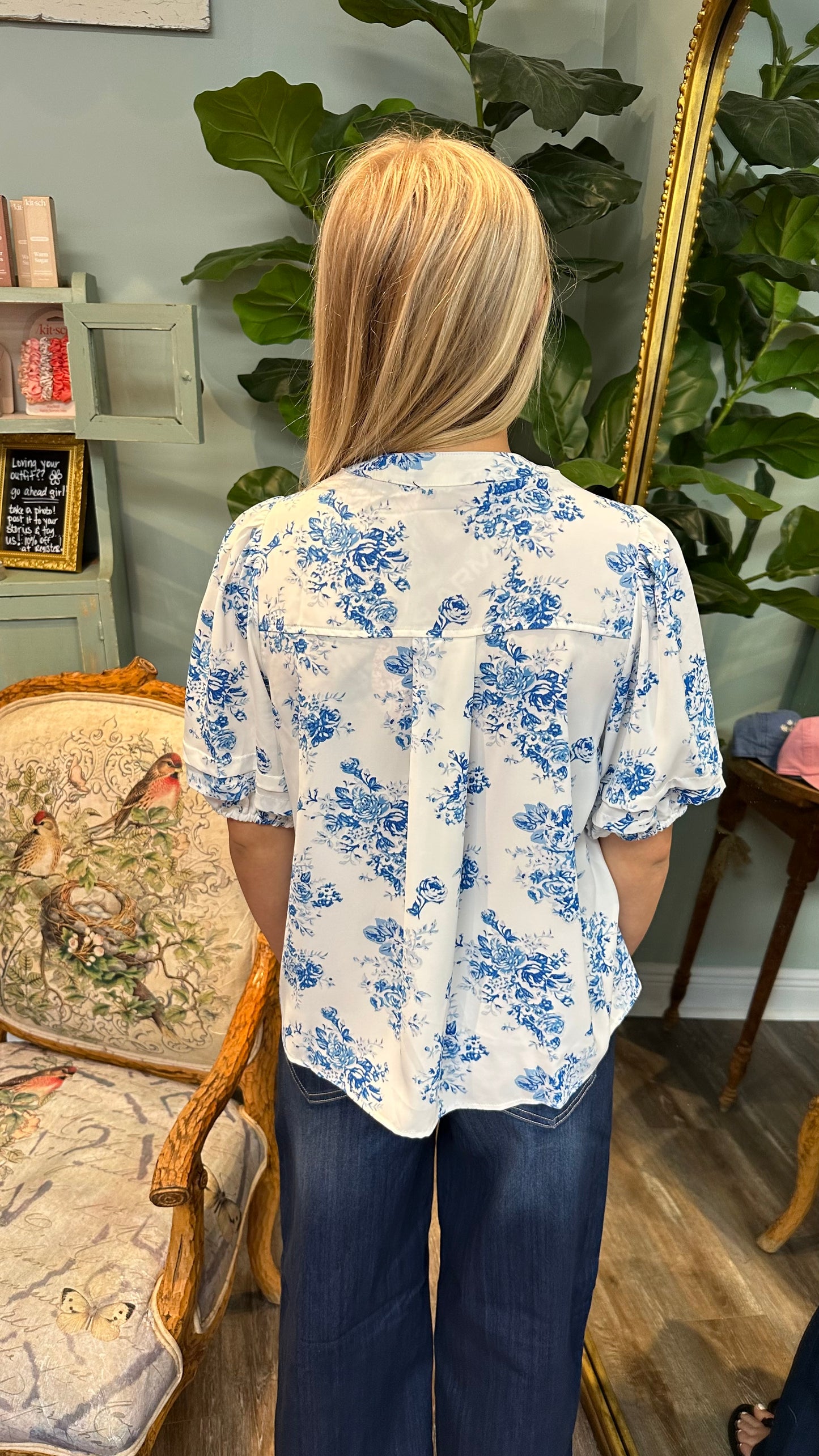 Blue Floral Print Flowy Button Down