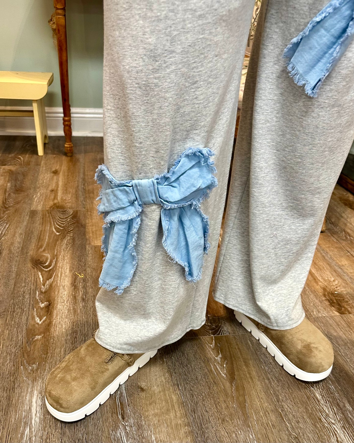 Frayed Washed Denim Bow Terry Knit Pant