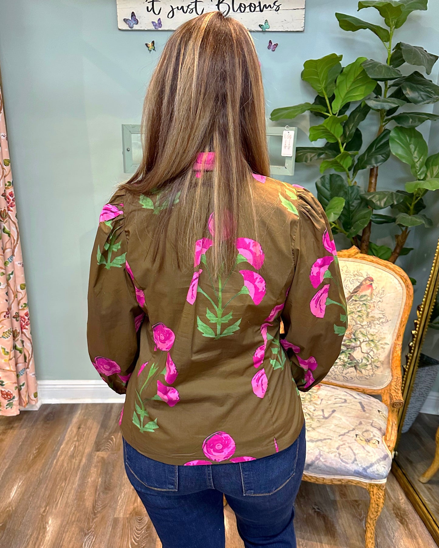 Mocha Floral Print Ruffle Neck Top