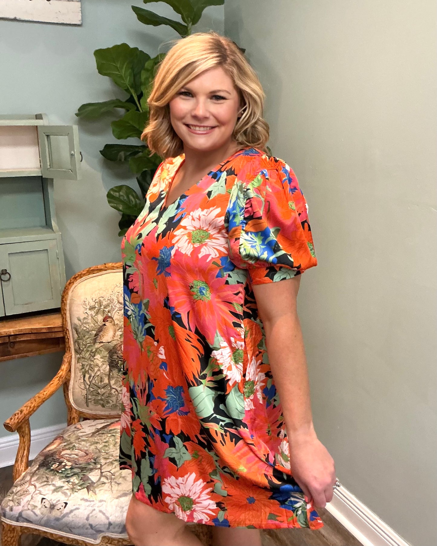 Satiny V-neck Floral Dress