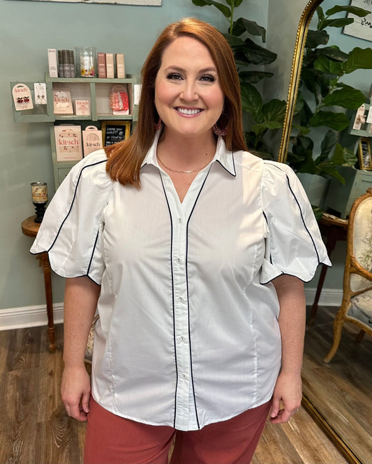 White Button Up with Navy Piping Detail