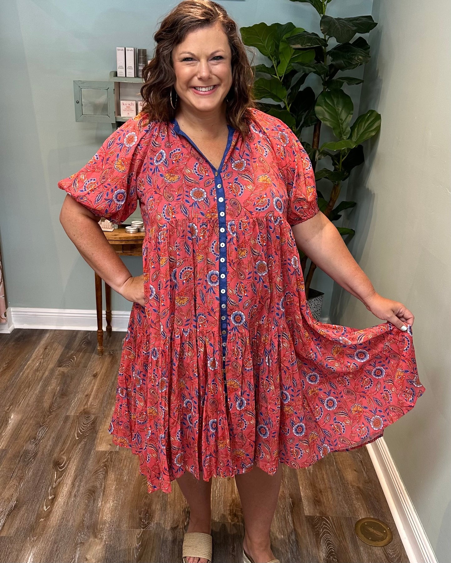 Coral and Blue Trim Floral Print Dress