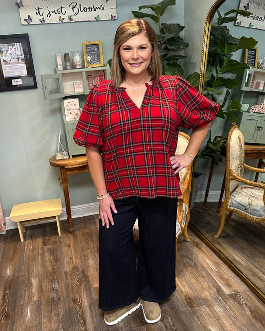 Red Plaid Balloon Sleeve Top