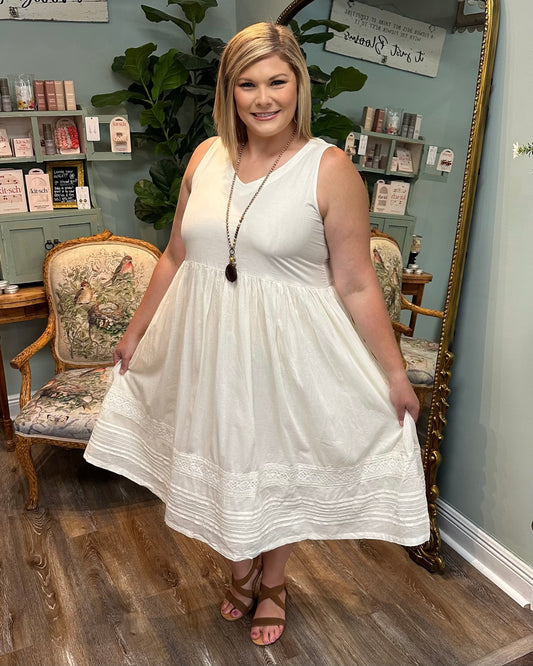 Sleeveless Cotton Dress with Lace Hem