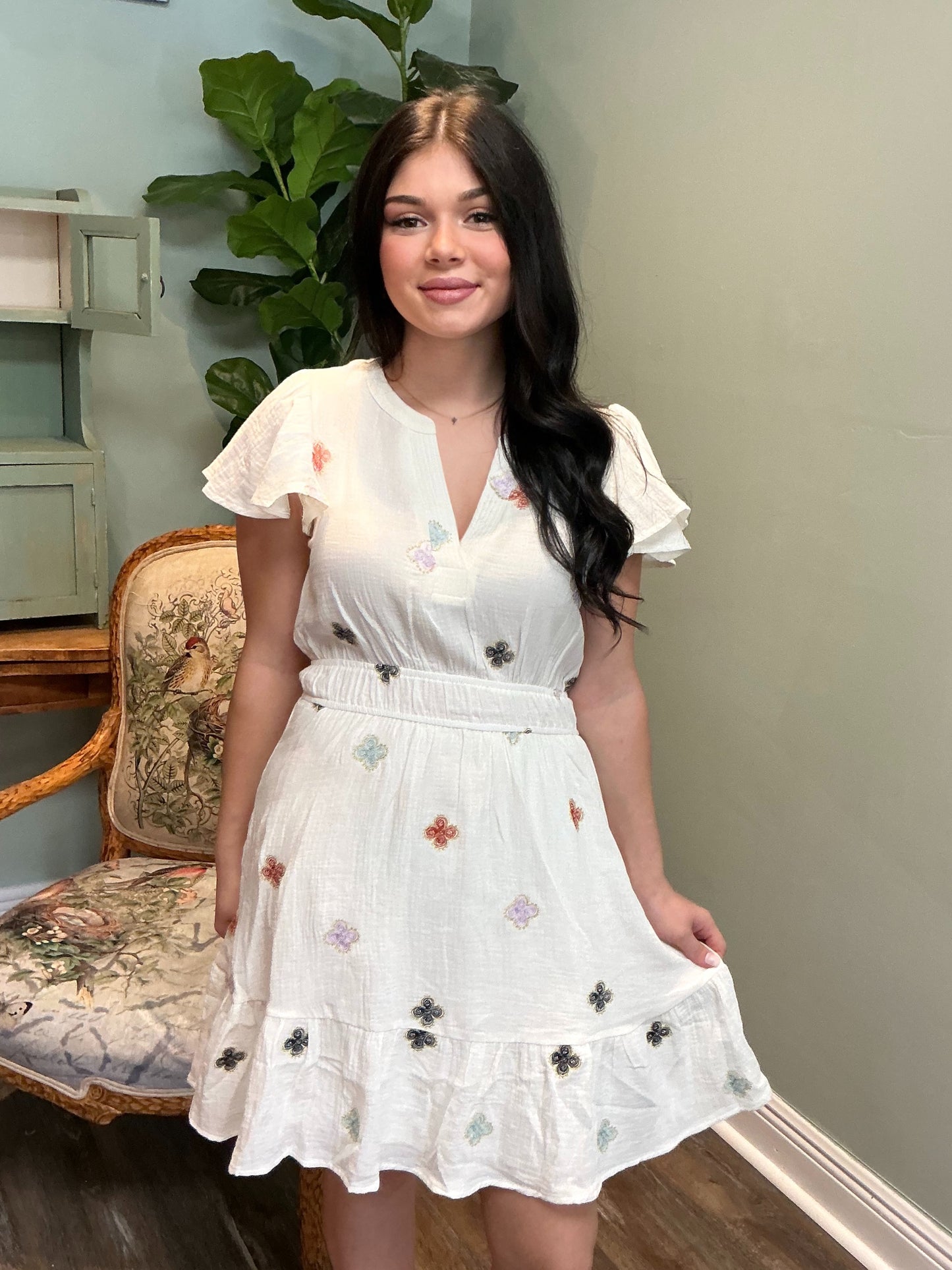Elastic Waist Embroidered Ivory Gause Dress